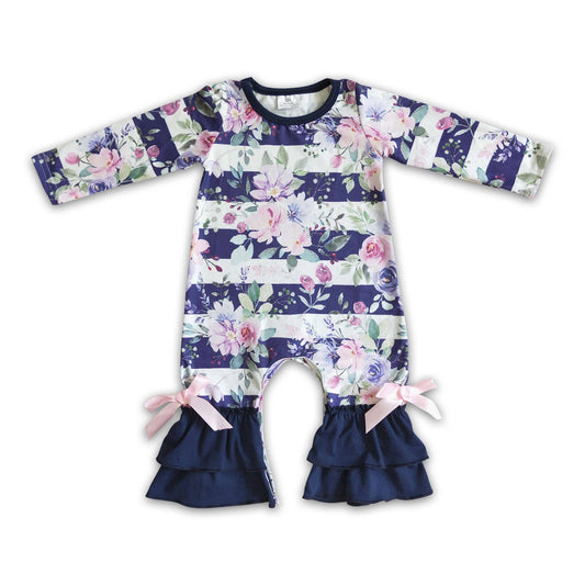 Navy/purple floral long sleeves baby girls ruffles romper