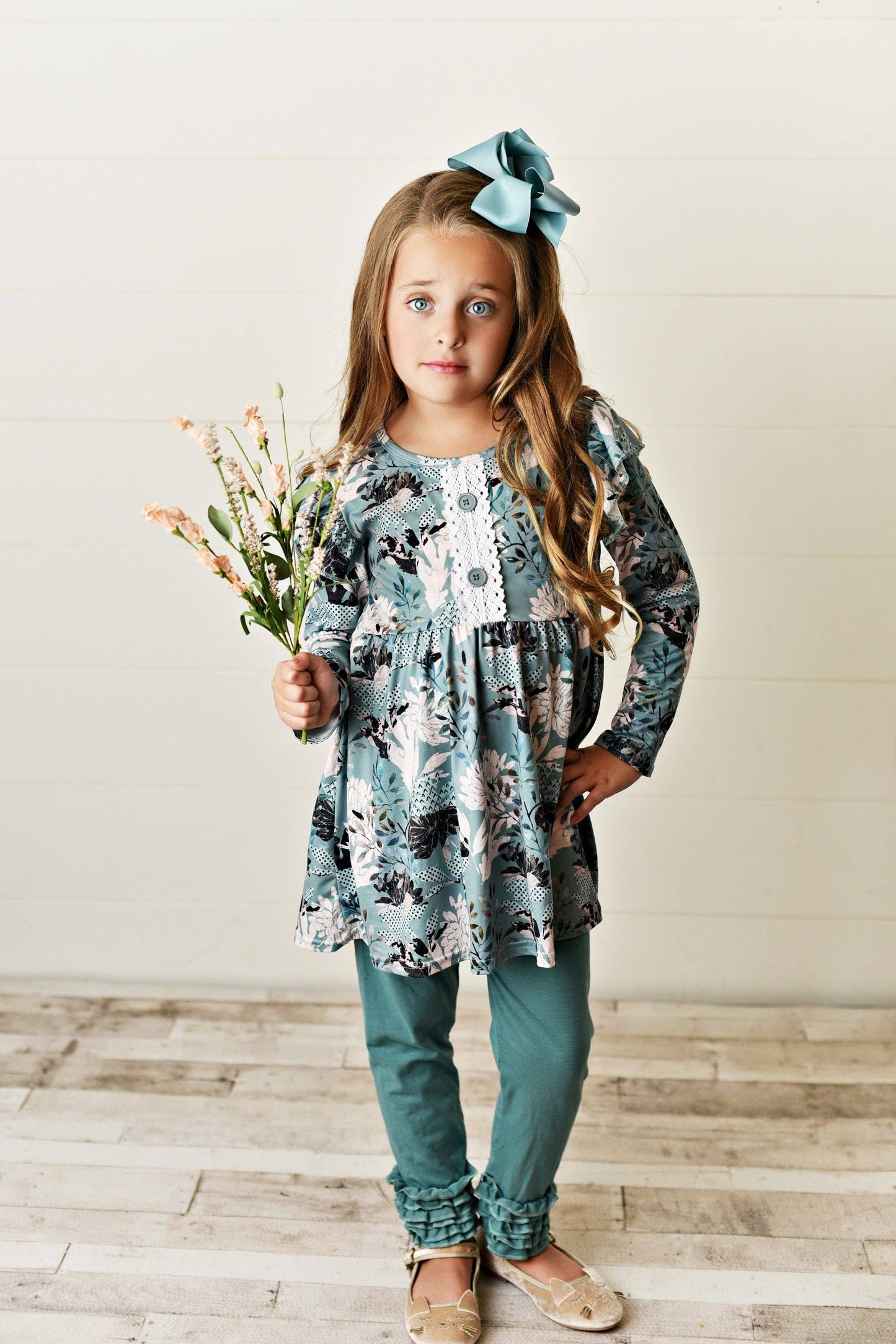 Kids Sage Green Floral Tunic Top & Legging Pants Set