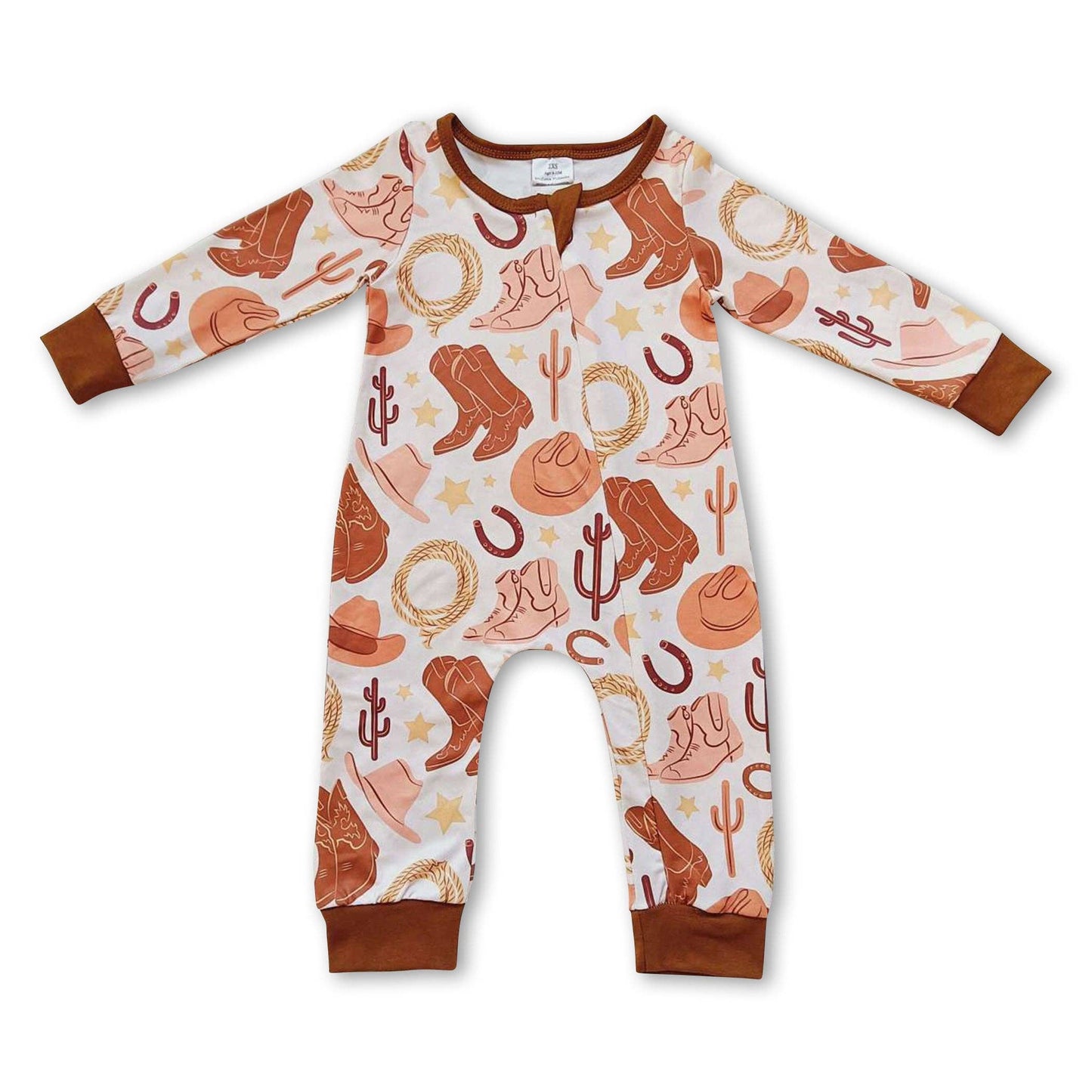 Boots, hat, cactus, zipper baby western romper