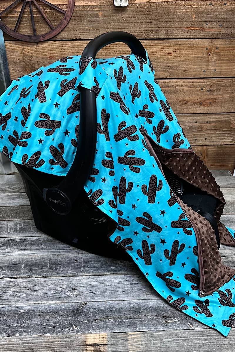 CACTUS PRINTED TURQUOISE CAR SEAT COVER & BROWN MINKY