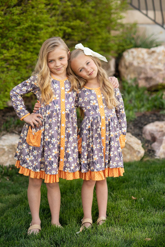 Kids Gray & Mustard Floral Ruffle Button Pocket Dress