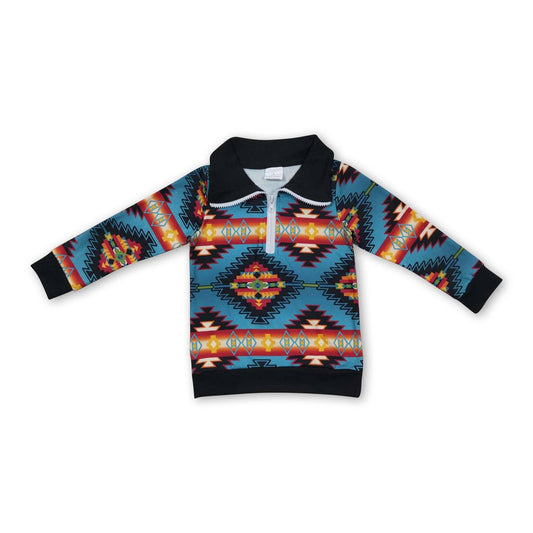 Turquoise aztec long sleeves kids zipper pullover