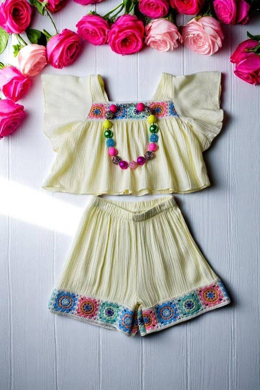 Girls gauze set-pink, blue & mint knitted hems