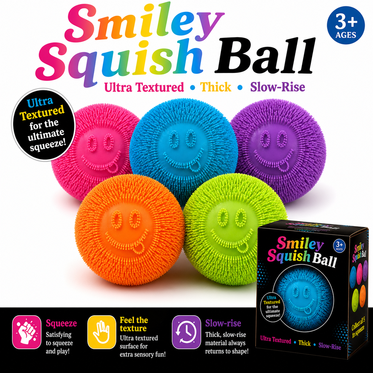 Smiley Squish Ball – Ocean Blue | Textured Slow-Rise 6/24