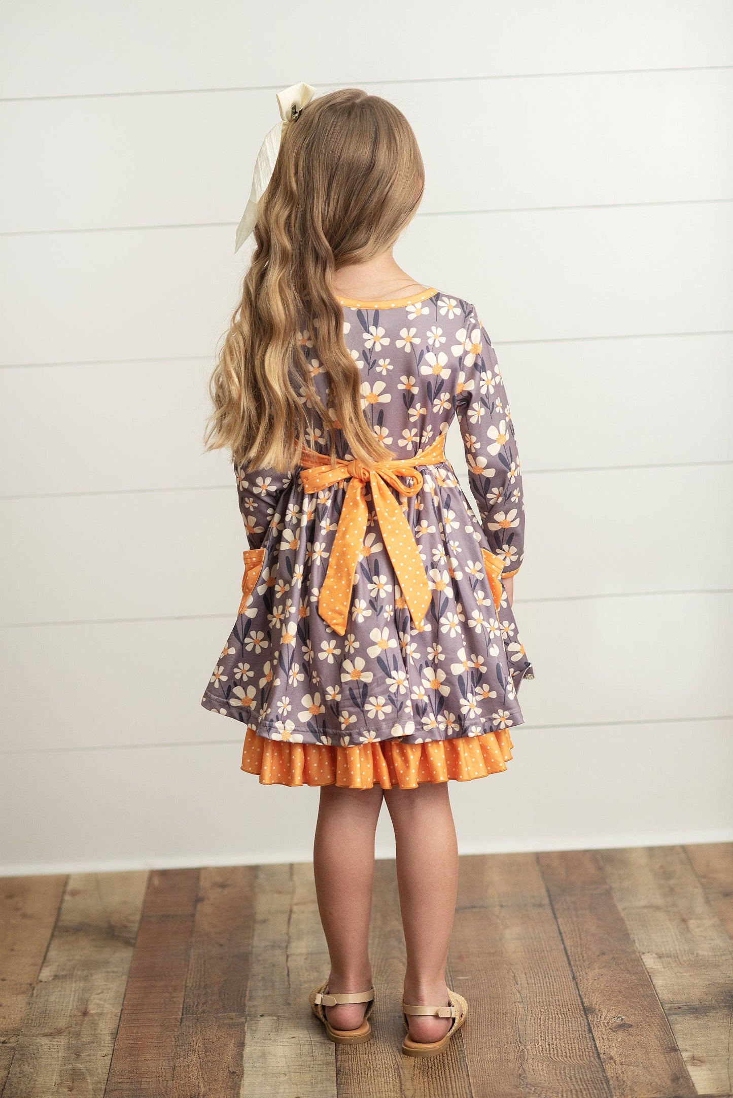Kids Gray & Mustard Floral Ruffle Button Pocket Dress