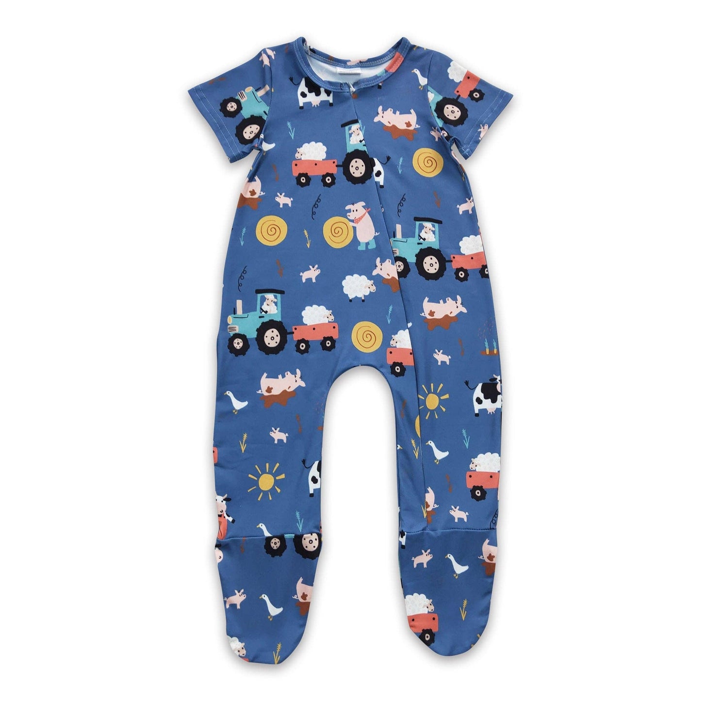 Farm animal short sleeves footed zipper romper