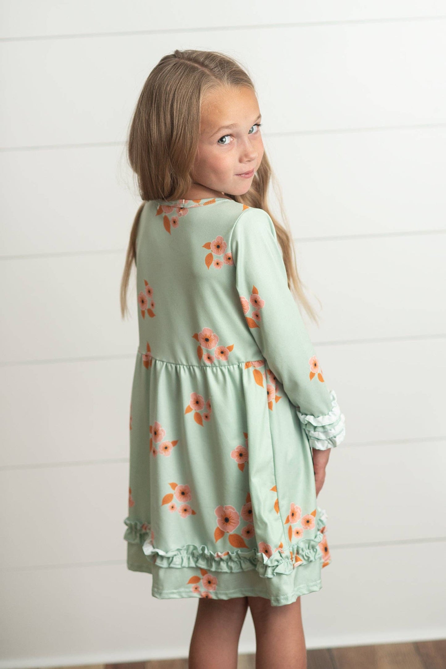 Kids Mint & Orange Floral Long Sleeve Ruffle Button Fall Dress