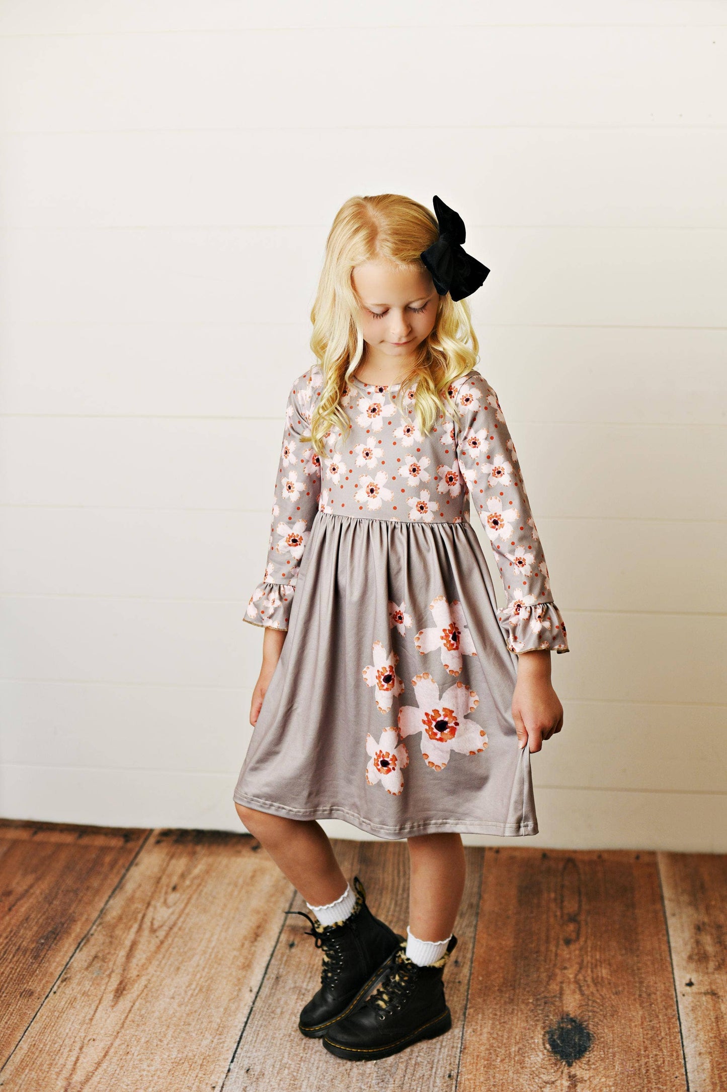 Kids Claire Beige Flower Print Twirl Dress