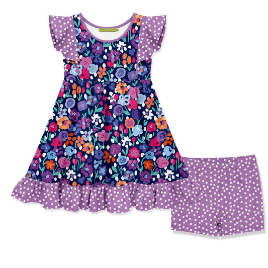 Kids Purple Flower Angel-Sleeve Dress & Dot Shorts