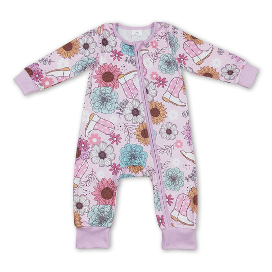 Pink flower boots western baby girls romper